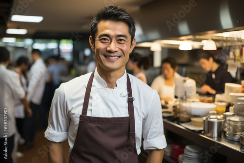 Happy Chef asian man of a Big Restaurant in a Modern Kitchen. 