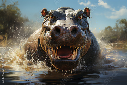 Hippo with a wide open mouth displaying dominance. 