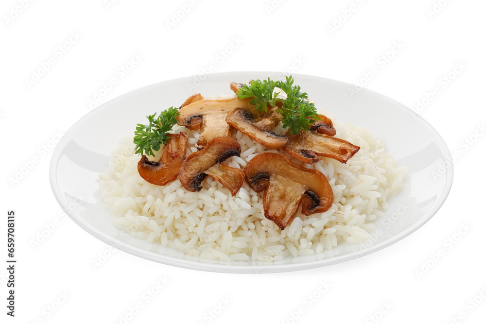 Plate with delicious rice with parsley and mushrooms isolated on white