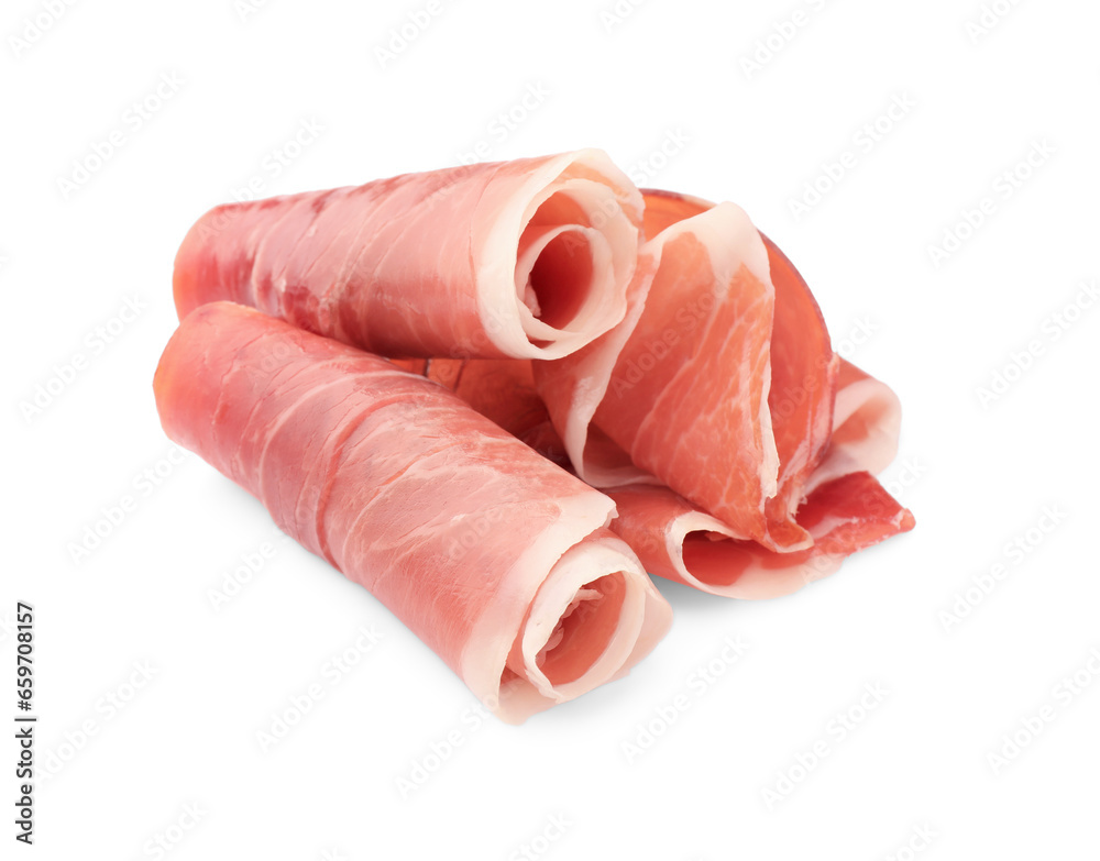 Rolled slices of delicious jamon isolated on white Rolled slices of delicious jamon isolated on white