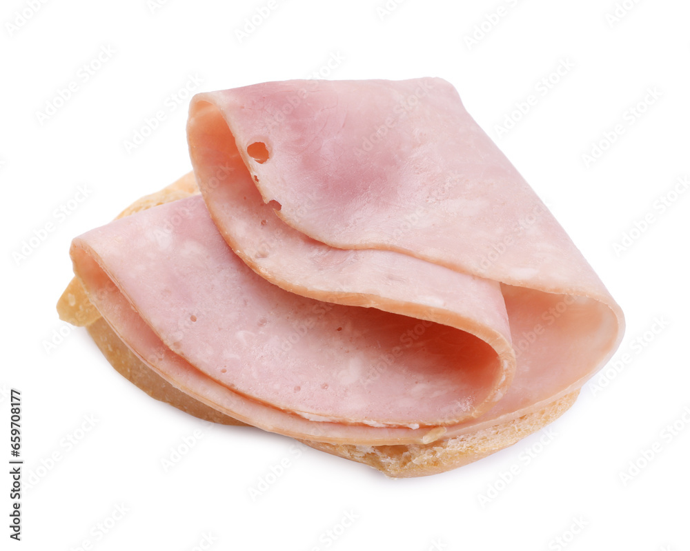 Piece of bread with tasty ham slice isolated on white Piece of bread with tasty ham slice isolated on white