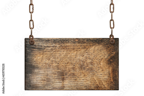 One wooden signboard hanging on metal chain against white background. Space for text