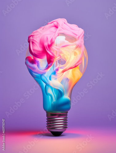 Creativity concept with lightbulb made from paint on colorful pink and blue background