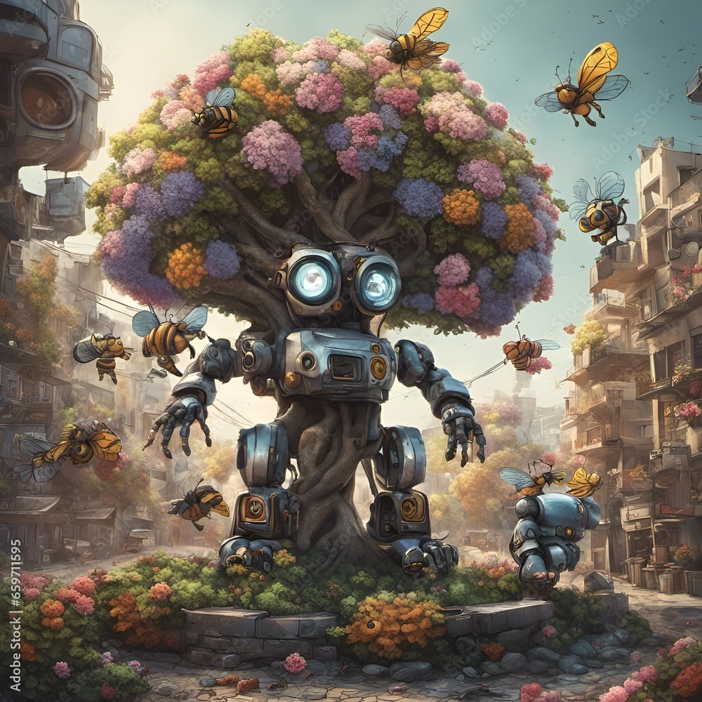 Tree robot hybrid with colourful flowers and robot bees, in a post apocalyptic city