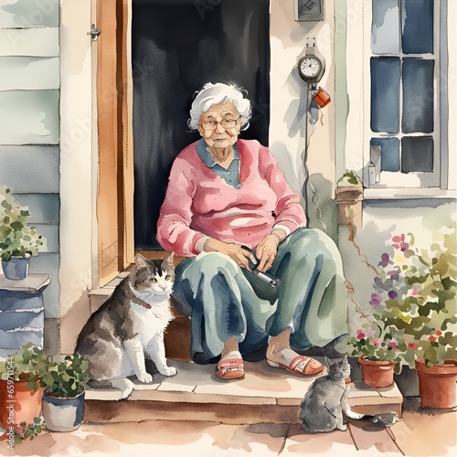 old lady with cat, in front of a house, in watercolour