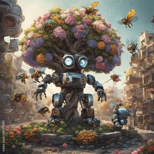 Tree robot hybrid with colourful flowers and robot bees, in a post apocalyptic city
