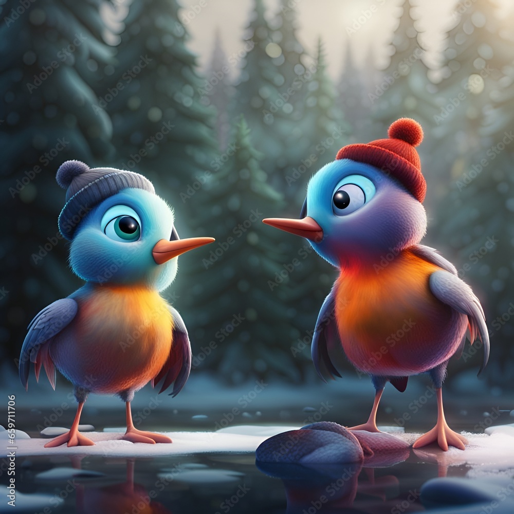 two funny cartoon birds on the snow, with winter hats