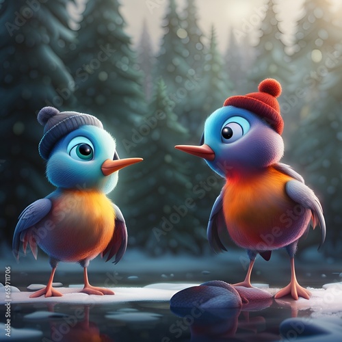 Obraz na płótnie two funny cartoon birds on the snow, with winter hats w salonie