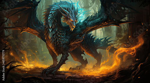 an incredible dragon walking through forest with glowing flames, dark gold and light cyan.