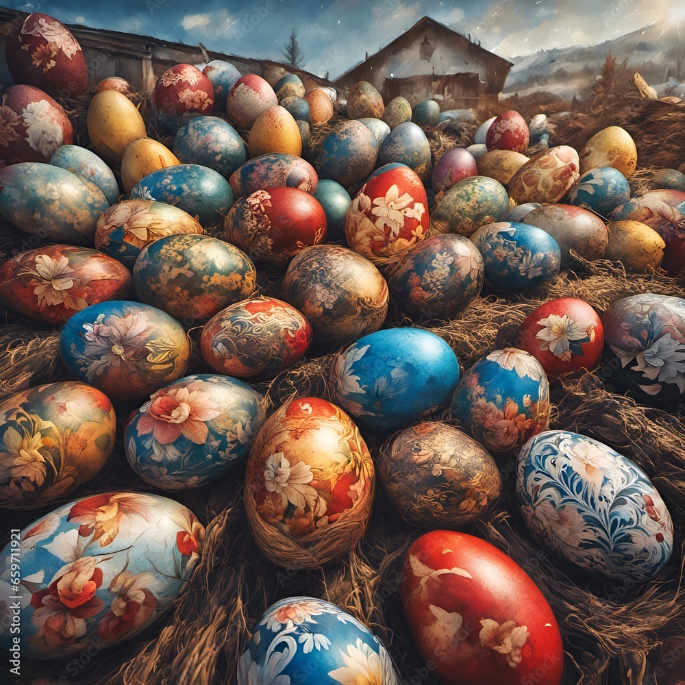 painted easter eggs overflowing in town square