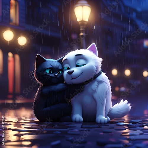 black cat and white dog in the night, sharing a hug on the street of an old European city