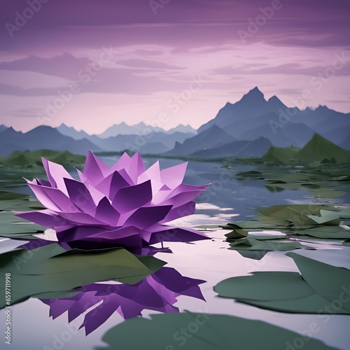 origami purple lotus flower on a lake in the mountains