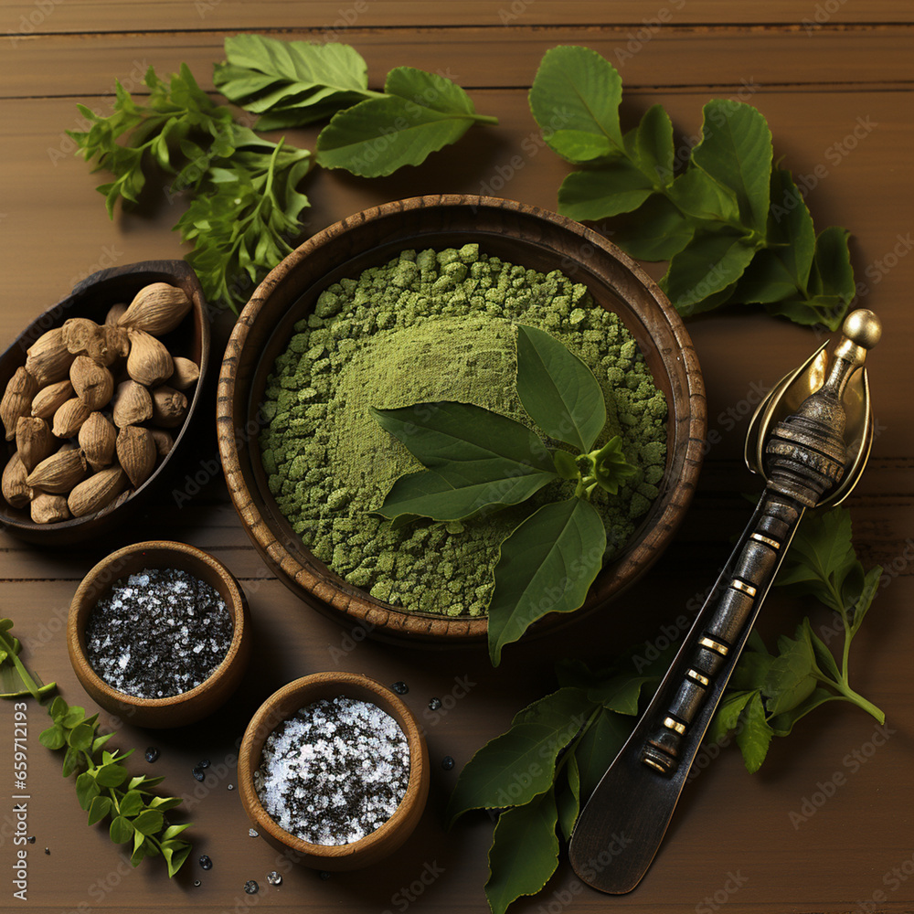 Moringa leaves and powder on natural wood background
