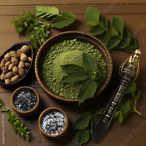 Obraz na płótnie Moringa leaves and powder on natural wood background w salonie