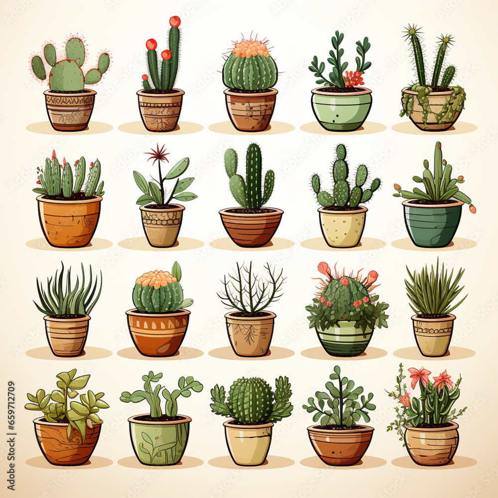 set of cactus plants in pots