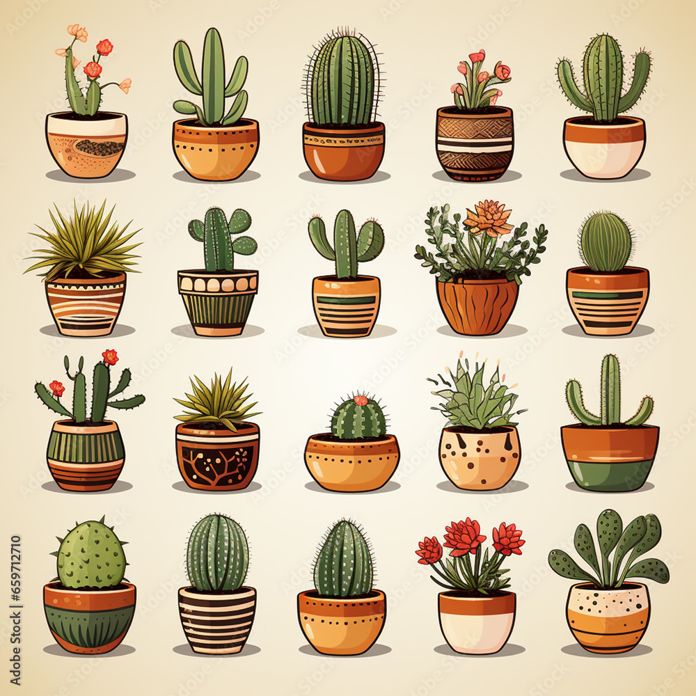 set of cactus plants in pots