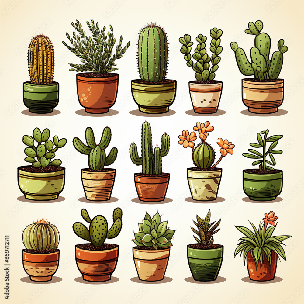 set of cactus plants in pots