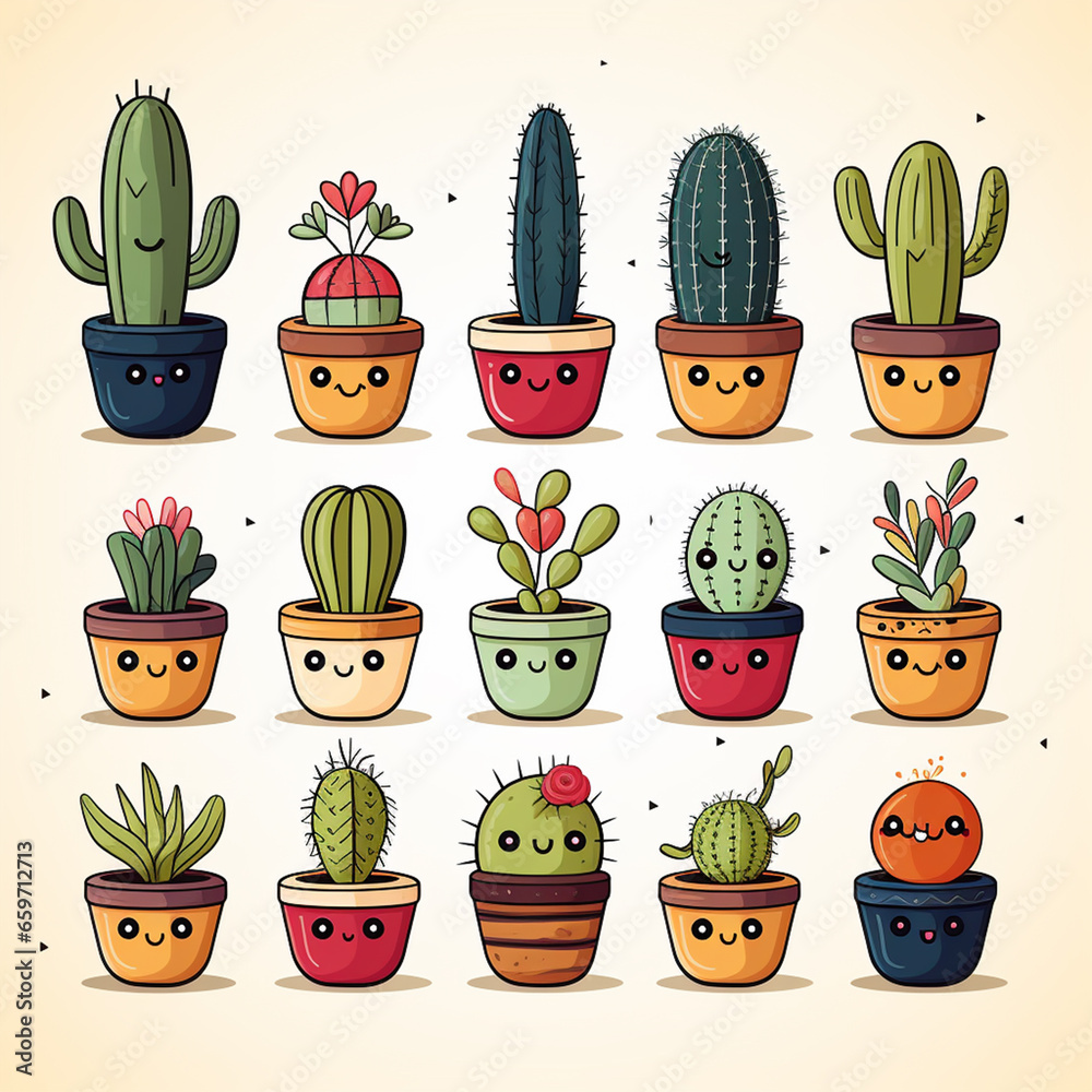 set of cactus plants in pots