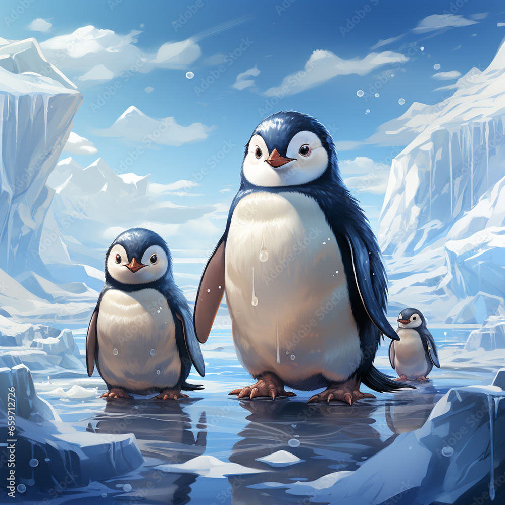 penguins family on ice, with reflection in the water from melting