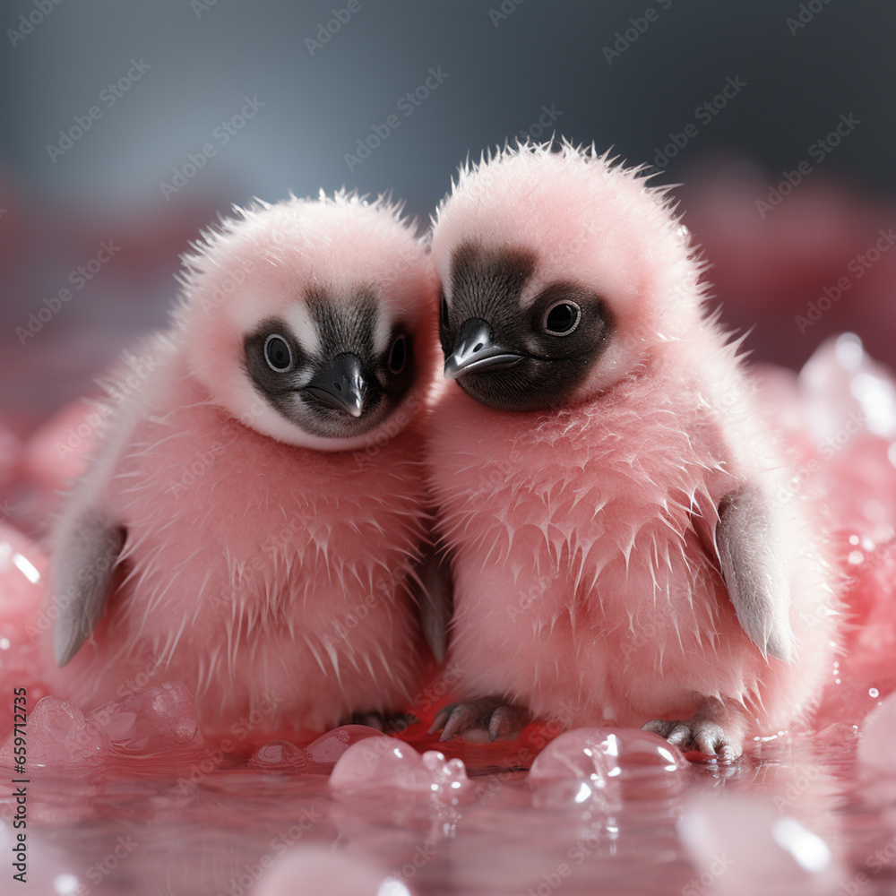 two pink penguin checks on pink ice