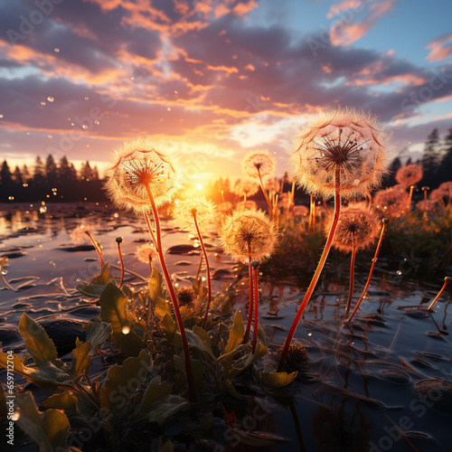 Bug view perspective of a field of Taraxacum officinale, the common dandelion in the wind at sunset