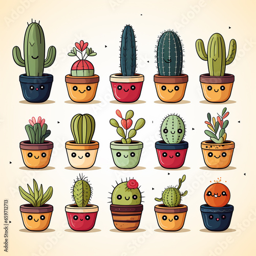 set of cactus plants in pots