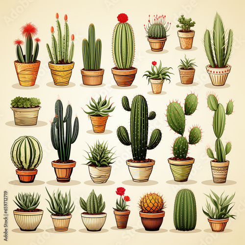 set of cactus plants in pots