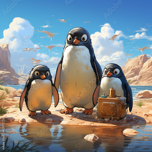 Obraz na płótnie penguin in the dessert, after ice melted, climate change and global warming concept w salonie