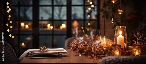 Scandinavian dinner table adorned with lights and candles