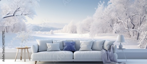 Scandinavian design with snowy landscape seen from sofa in white room