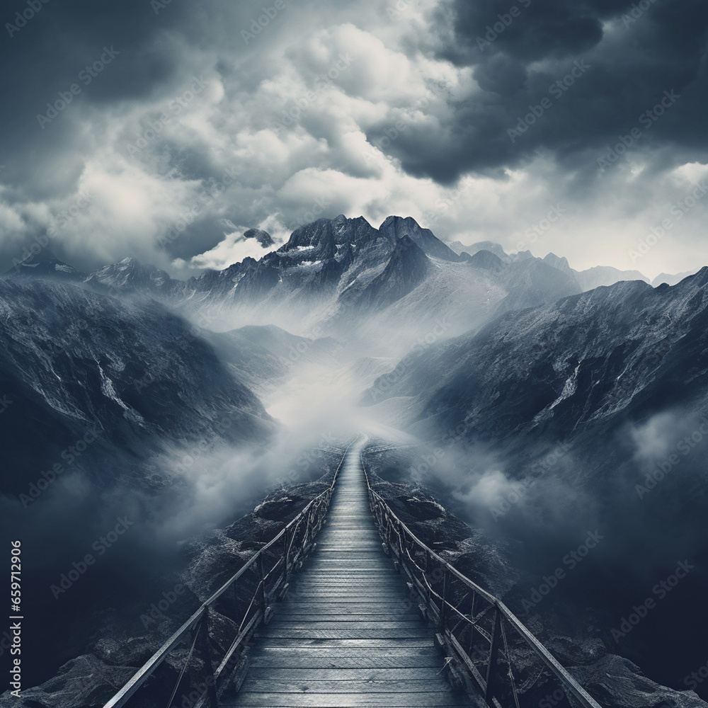 foggy landscape with path towards snowy mountains in the clouds