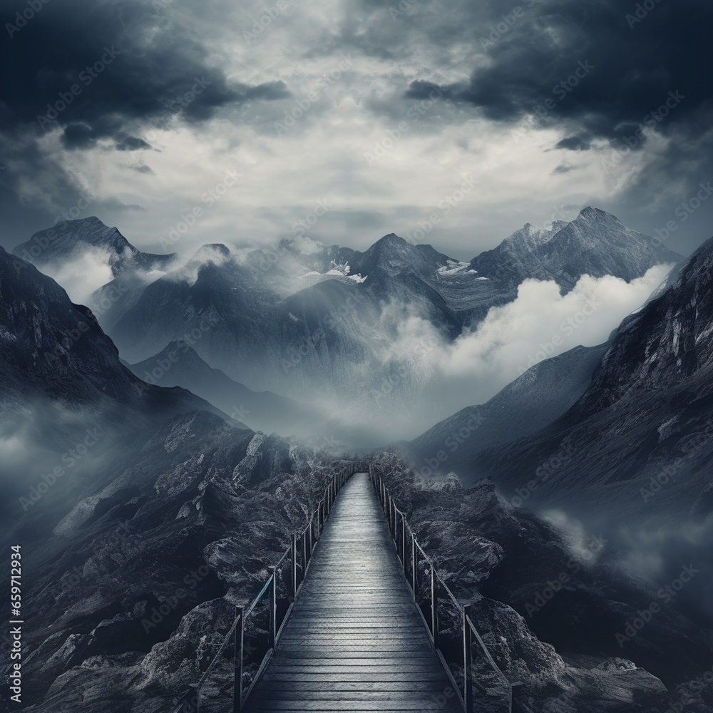 foggy landscape with path towards snowy mountains in the clouds