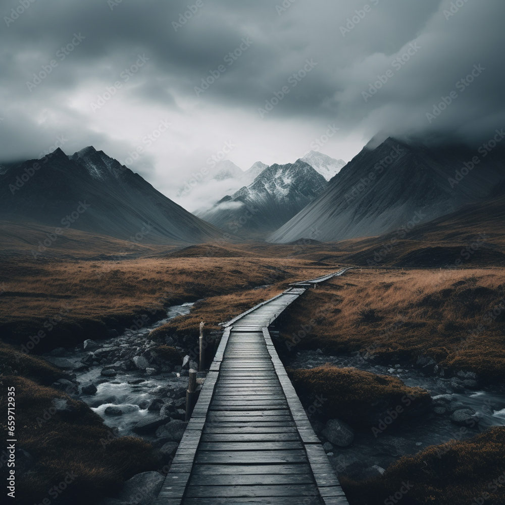 foggy landscape with path towards snowy mountains in the clouds