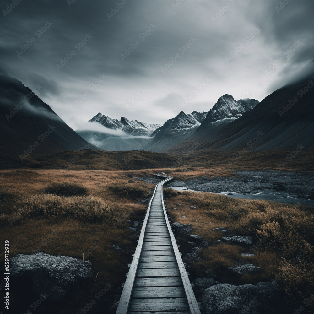 foggy landscape with path towards snowy mountains in the clouds