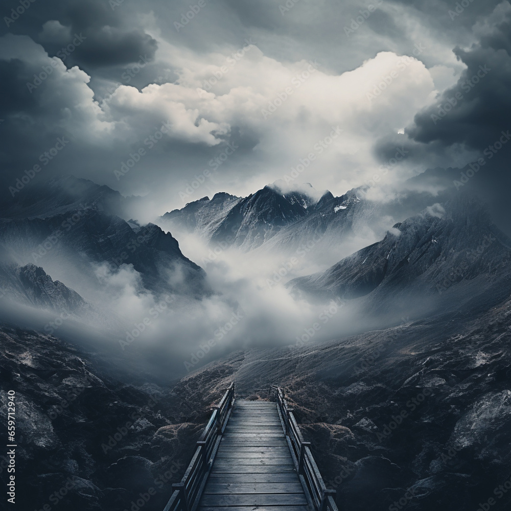 foggy landscape with path towards snowy mountains in the clouds