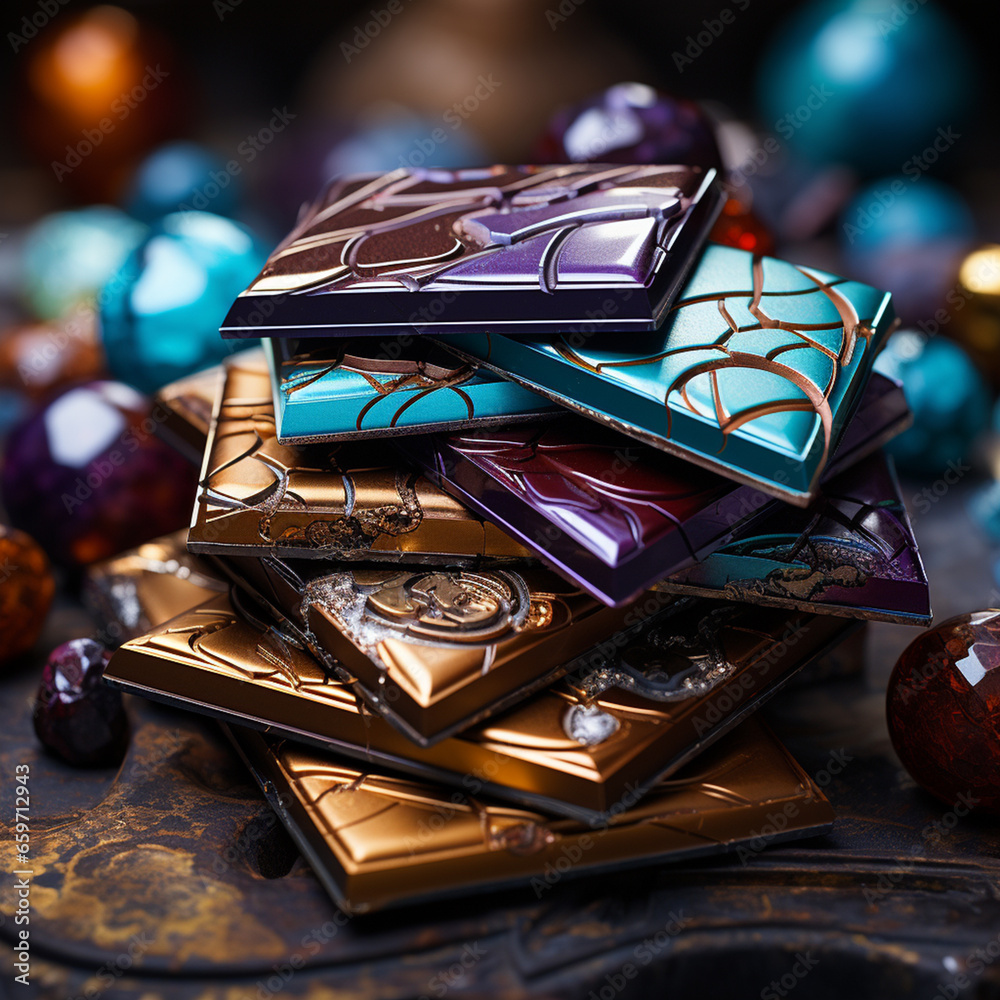 Pieces of chocolate in different colours, with intricate honey design