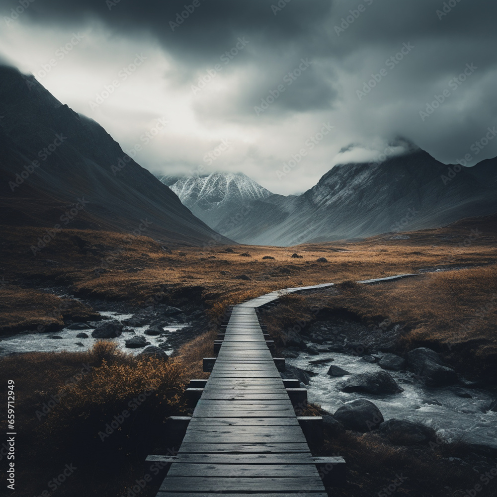 foggy landscape with path towards snowy mountains in the clouds