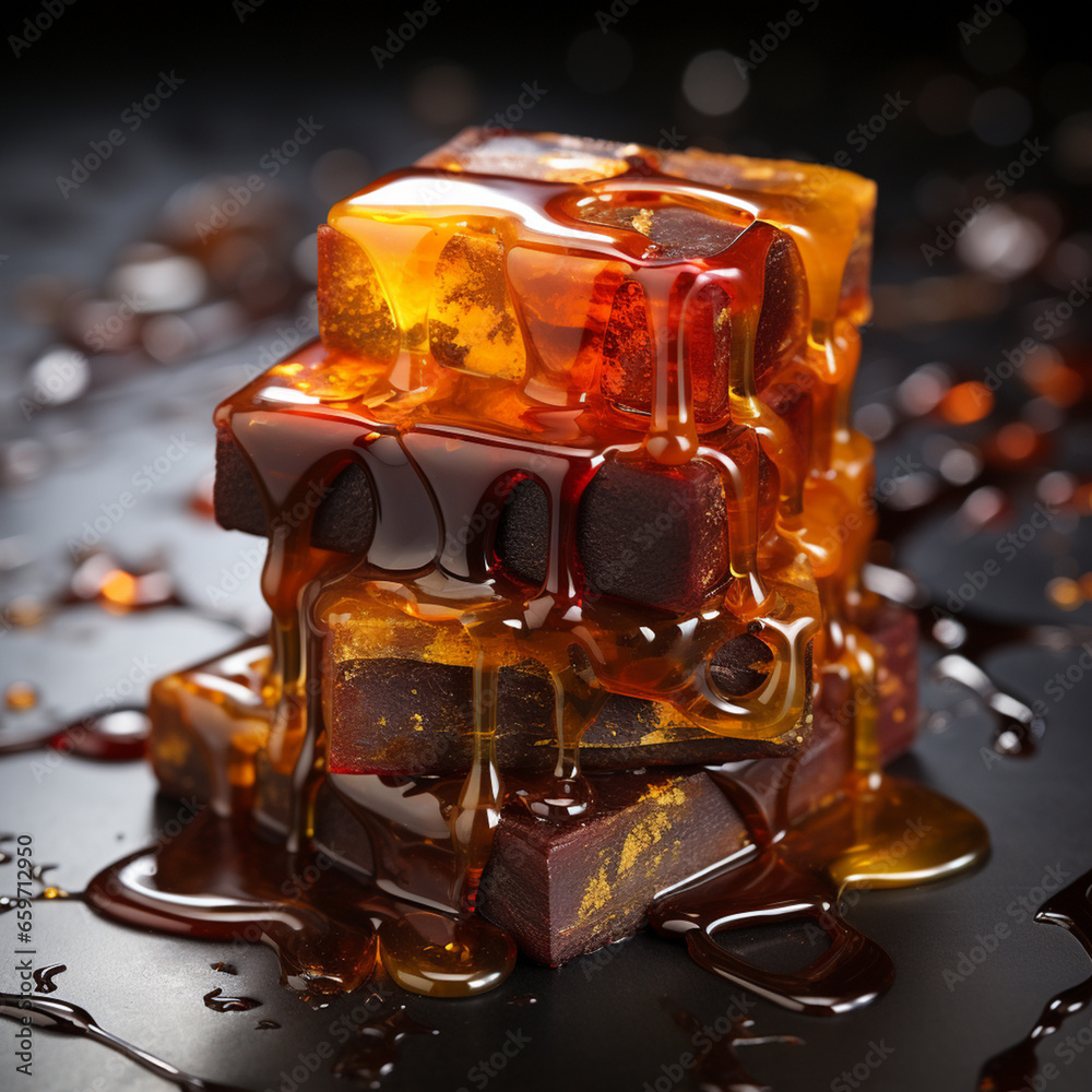 chocolate with dripping honey, over dark background