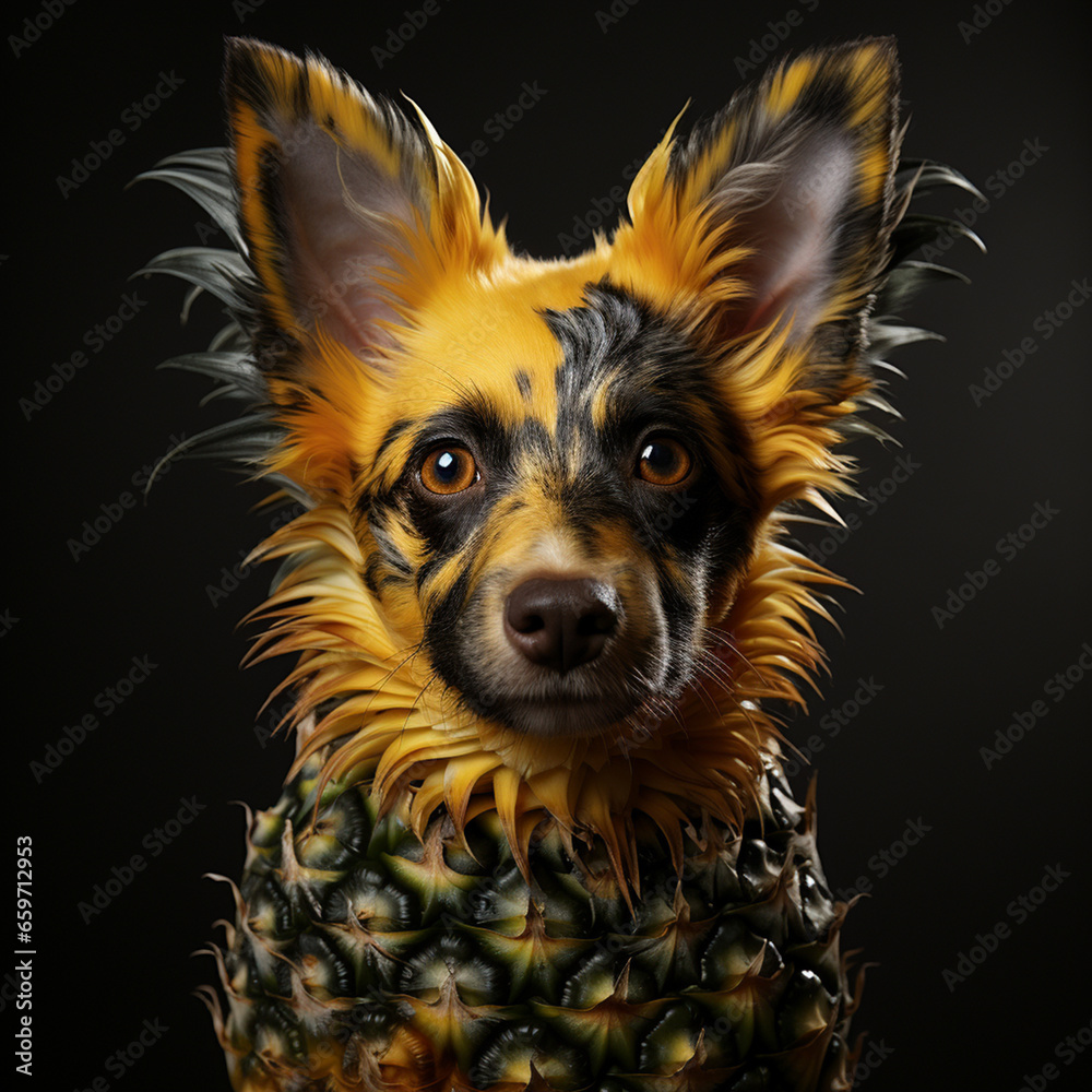 portrait of a pineapple dog, with yellow and black, over black background