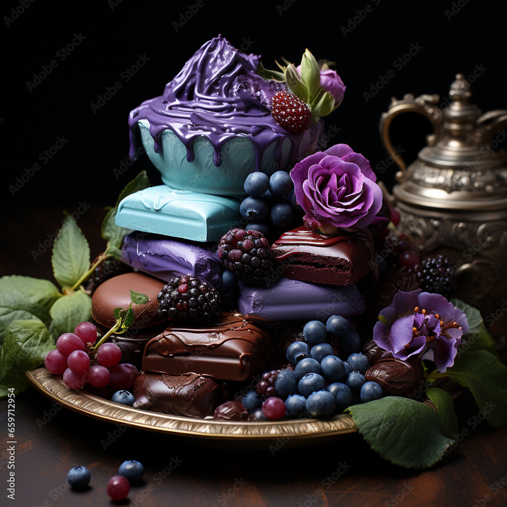 still life with chocolate, berries, cupcakes and flowers
