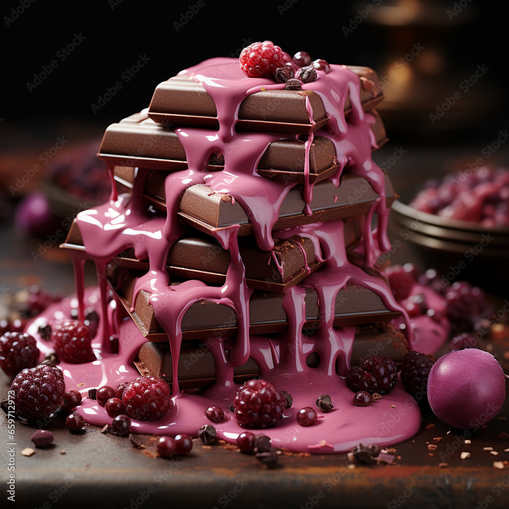 chocolate bars with berries sauce dripping, winter holidays concept, ruby colour