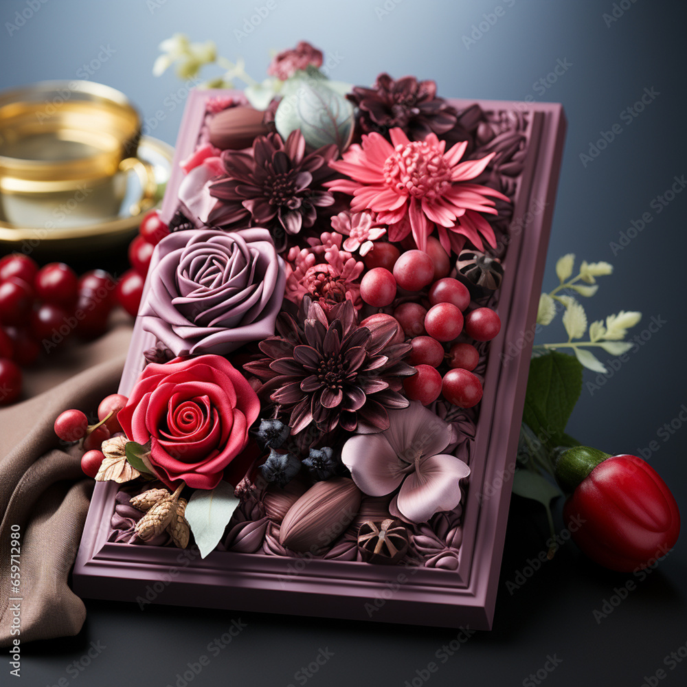 Chocolate decorated with berries and flowers, purple and red hues