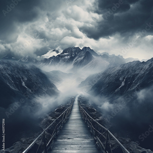 Obraz na płótnie foggy landscape with path towards snowy mountains in the clouds w salonie