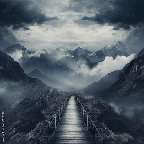 Obraz na płótnie foggy landscape with path towards snowy mountains in the clouds w salonie