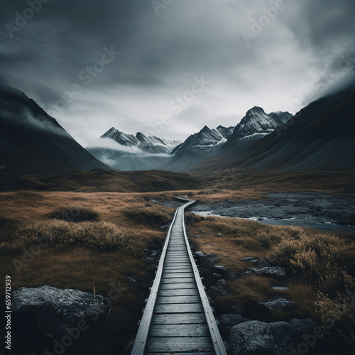 foggy landscape with path towards snowy mountains in the clouds