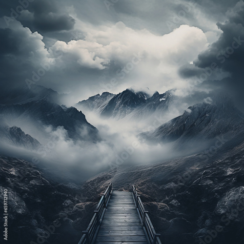 Obraz na płótnie foggy landscape with path towards snowy mountains in the clouds w salonie