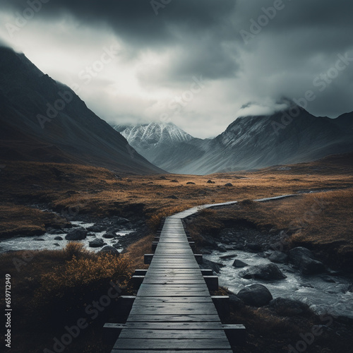 Obraz na płótnie foggy landscape with path towards snowy mountains in the clouds w salonie