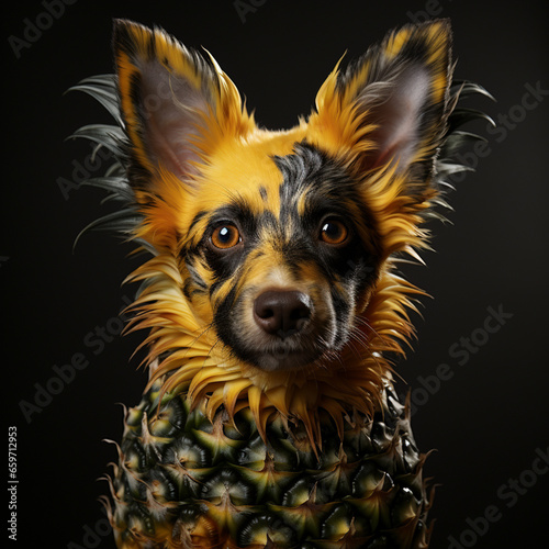 Obraz na płótnie portrait of a pineapple dog, with yellow and black, over black background w salonie