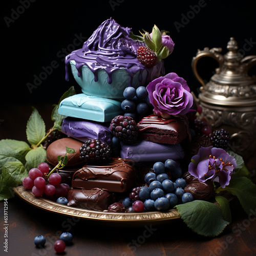 Obraz na płótnie still life with chocolate, berries, cupcakes and flowers w salonie