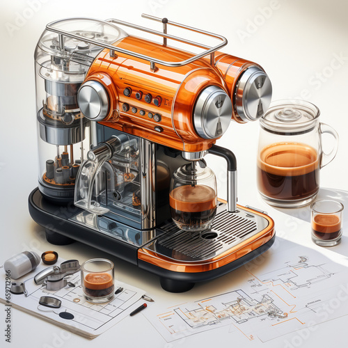 steampunk coffee maker machine sketch, with technical specs